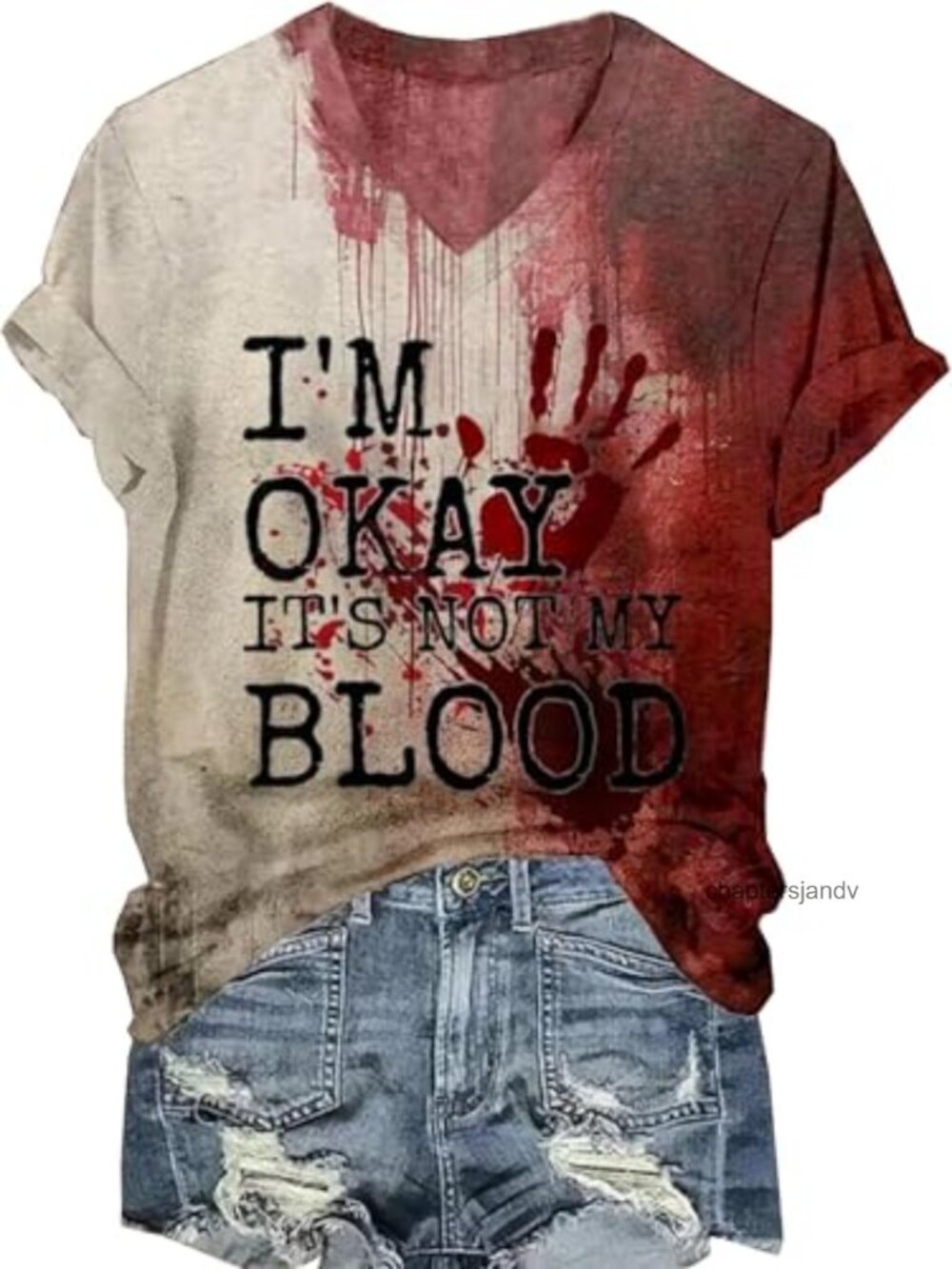 V-Neck Bloody Halloween Graphic Tee Short Sleeve Spooky Fall Casual Top